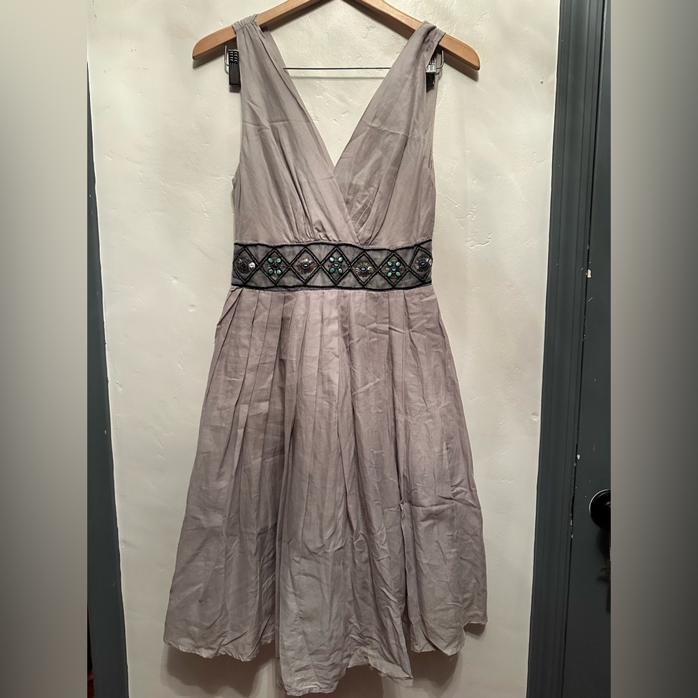 Aryeh Gray V-Neck Dress with Black Embellishments